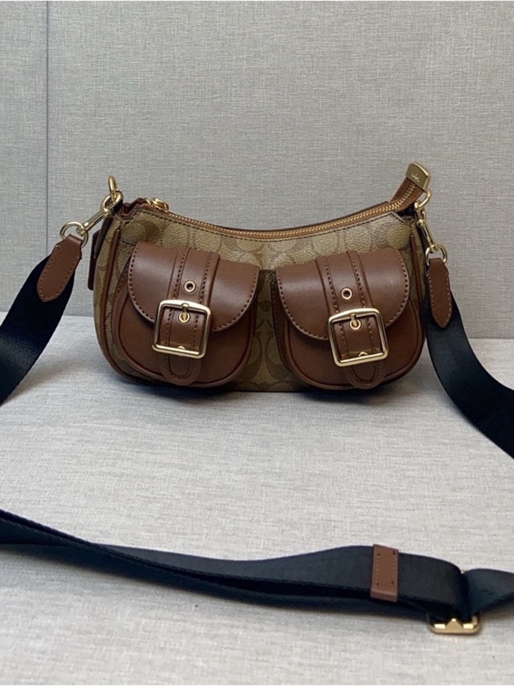 Coach Brown Canvas & Leather Shoulder Bag with Front Buckle Pockets - Picture 3 of 9